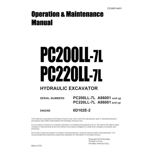 Manuel d'utilisation et d'entretien pdf de l'excavatrice Komatsu PC210LL-7L, PC220LL-7L - Komatsu manuels - KOMATSU-CEAM014401
