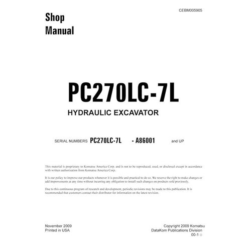 Komatsu PC270LC-7L excavator pdf shop manual  - Komatsu manuals - KOMATSU-CEBM005905