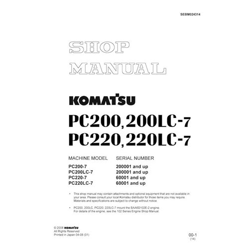 Manuel d'atelier pdf de l'excavatrice Komatsu PC200-7, PC200LC-7, PC220-7, PC220LC-7 - Komatsu manuels - KOMATSU-SEBM024314