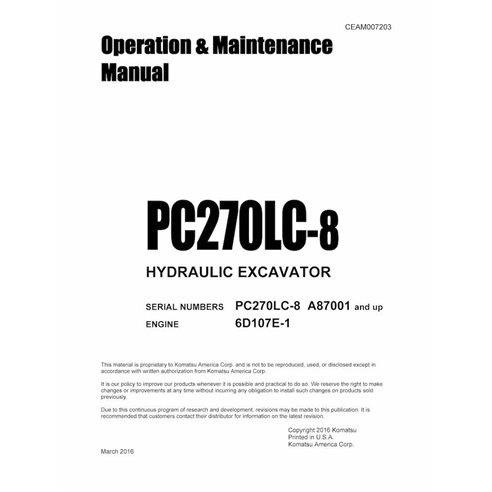 Manuel d'utilisation et d'entretien pdf de la pelle Komatsu PC270LC-8 - Komatsu manuels - KOMATSU-CEAM007203
