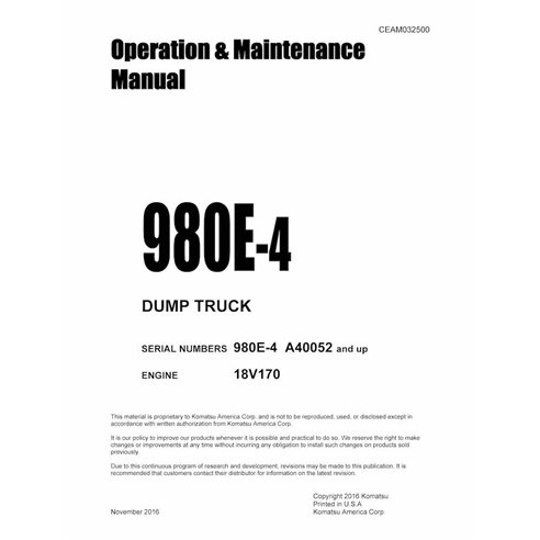 Manuel d'utilisation et d'entretien pdf du camion-benne Komatsu 980E-4 - Komatsu manuels - KOMATSU-CEAM032500
