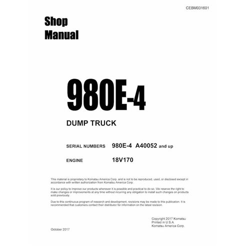 Manuel d'atelier PDF du camion à benne basculante Komatsu 980E-4 - Komatsu manuels - KOMATSU-CEBM031601