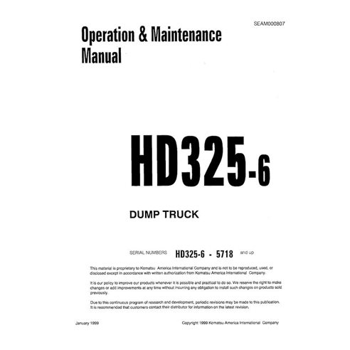 Manuel d'utilisation et d'entretien pdf du camion-benne Komatsu HD325-6 - Komatsu manuels - KOMATSU-SEAD000807