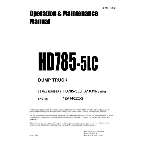 Manuel d'utilisation et d'entretien pdf du camion-benne Komatsu HD785-5LC - Komatsu manuels - KOMATSU-CEAM014102
