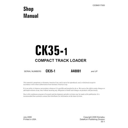 Manuel d'atelier pdf de la chargeuse compacte sur chenilles Komatsu CK35-1 - Komatsu manuels - KOMATSU-CEBD017500