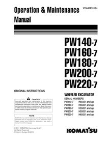 Manuel d'utilisation et d'entretien pdf des pelles sur pneus Komatsu PW140-7, PW160-7, PW180-7, PW200-7, PW220-7 - Komatsu ma...