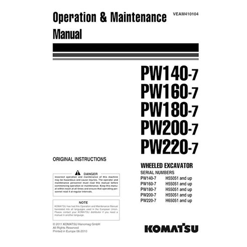 Manuel d'utilisation et d'entretien pdf des pelles sur pneus Komatsu PW140-7, PW160-7, PW180-7, PW200-7, PW220-7 - Komatsu ma...