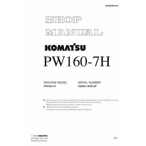 Komatsu PW160-7H wheeled excavator pdf shop manual  - Komatsu manuals - KOMATSU-VEBM390100