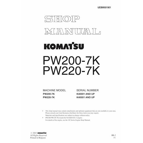 Manual de loja em pdf da escavadeira de rodas Komatsu PW200-7K, PW220-7K - Komatsu manuais - KOMATSU-UEBM001901