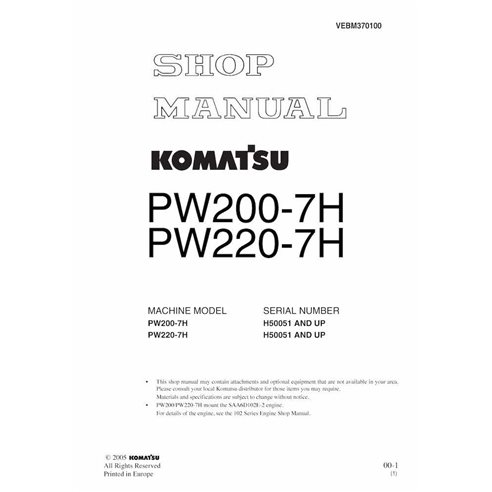 Komatsu PW200-7H, PW220-7H wheeled excavator pdf shop manual  - Komatsu manuals - KOMATSU-VEBM370100
