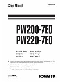 Komatsu PW200-7E0, PW220-7E0 wheeled excavator pdf shop manual  - Komatsu manuals - KOMATSU-VEBM949100