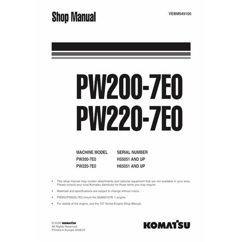 Komatsu PW200-7E0, PW220-7E0 wheeled excavator pdf shop manual  - Komatsu manuals - KOMATSU-VEBM949100