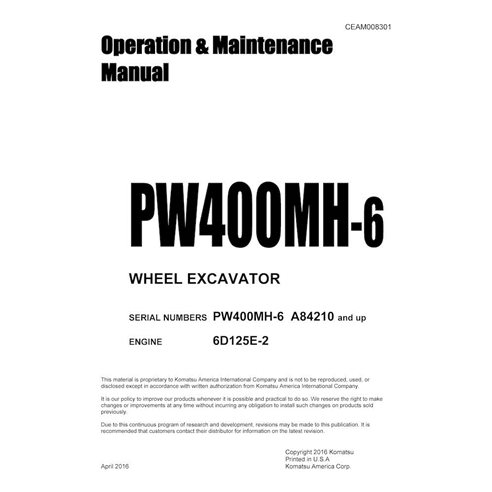 Manuel d'utilisation et d'entretien pdf de la pelle sur pneus Komatsu PW400MH-6 - Komatsu manuels - KOMATSU-CEAM008301