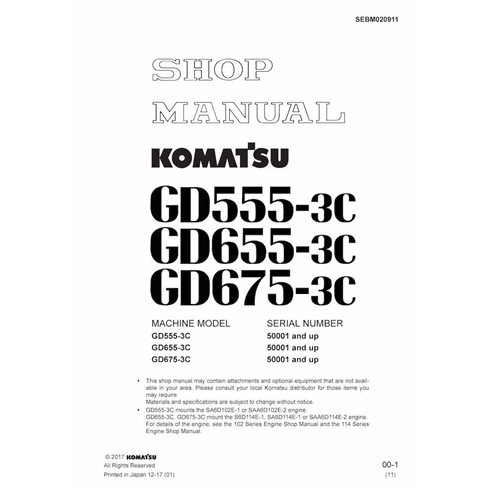 Manuel d'atelier pdf de la niveleuse Komatsu GD555-3C, GD655-3C, GD675-3C - Komatsu manuels - KOMATSU-SEBM020911
