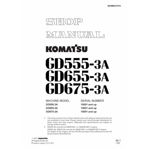 Manuel d'atelier pdf de la niveleuse Komatsu GD555-3C, GD655-3C, GD675-3C - Komatsu manuels - KOMATSU-SEBM021010