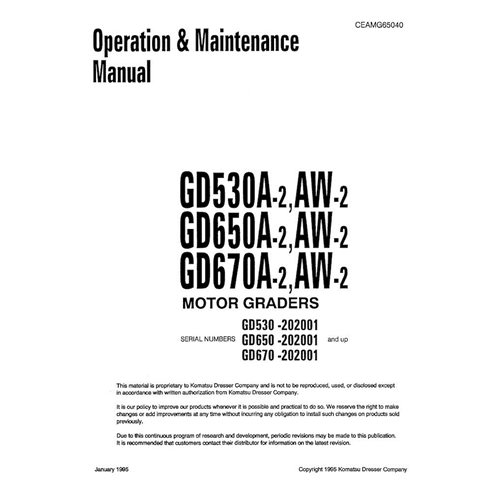 Motoniveladora Komatsu GD530A-2, GD530AW-2, GD650A-2, GD650AW-2, GD670A-2, GD670AW-2 manual de operación y mantenimiento en p...