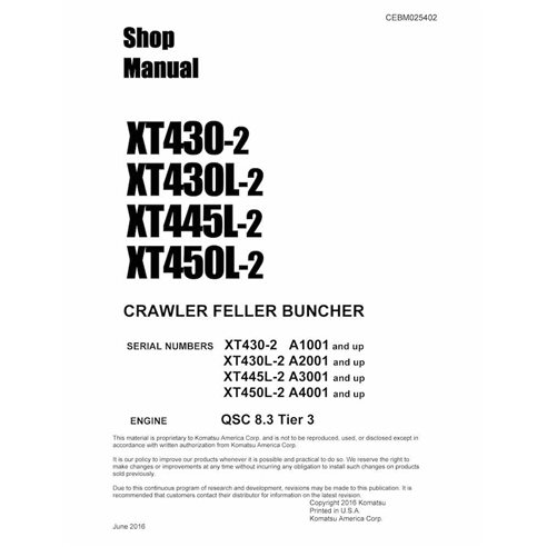 Komatsu XT430-2, XT430L-2, XT445L-2, XT450L-2 harvester pdf shop manual  - Komatsu manuals - KOMATSU-CEBM025402