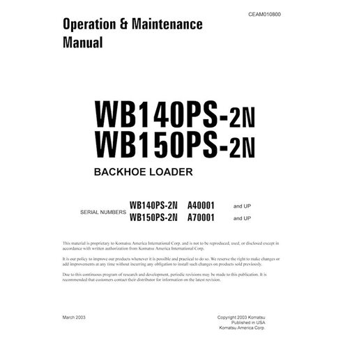 Manuel d'utilisation et d'entretien pdf des chargeuses-pelleteuses Komatsu WB140PS-2N, WB150PS-2N - Komatsu manuels - KOMATSU...
