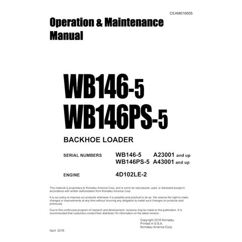 Manuel d'utilisation et d'entretien pdf de la chargeuse-pelleteuse Komatsu WB146-5, WB146PS-5 - Komatsu manuels - KOMATSU-CEA...