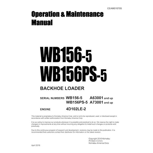Manuel d'utilisation et d'entretien pdf de la chargeuse-pelleteuse Komatsu WB156-5, WB156PS-5 - Komatsu manuels - KOMATSU-CEA...