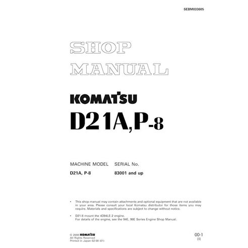 Manual de taller en pdf de la topadora Komatsu D21A-8, D21P-8 - Komatsu manuales - KOMATSU-SEBM033605