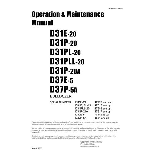 Komatsu D31E-20, D31P-20, D37E-5, D37P-5A buldôzer pdf manual de operação e manutenção - Komatsu manuais - KOMATSU-SEAD015400