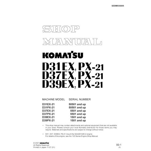 Komatsu D31EX-21, D31PX-21, D37EX-21 , D37PX-21, D39EX-21, D39PX-21 dozer pdf shop manual  - Komatsu manuals - KOMATSU-SEBM03...