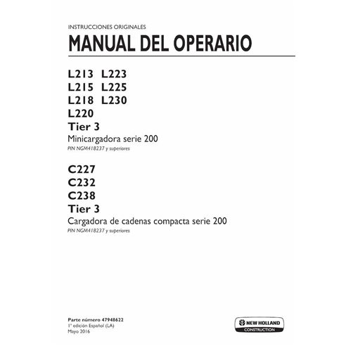 Manuel de l'opérateur pdf pour chargeuses compactes New Holland L213, L215, L218, L220, L223, L225, L320, C227, C232, C238 ES...