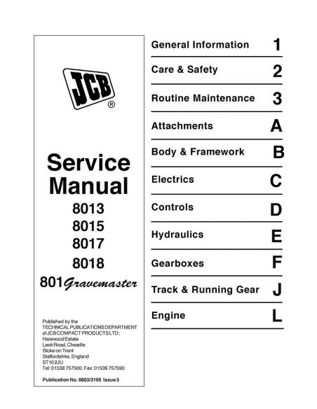 Jcb 8013, 8015, 8017, 8018, 801 Gravemaster mini excavator service manual - JCB manuals - JCB-9803-3105
