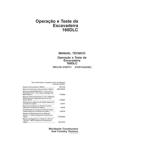 Manuel technique de fonctionnement et de test pdf de l'excavatrice John Deere 160DLC PT - John Deere manuels - JD-TM12128-PT