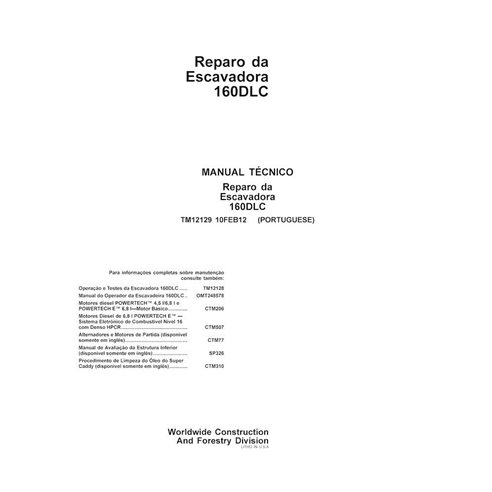 Manuel de réparation pdf pour pelle John Deere 160DLC PT - John Deere manuels - JD-TM12129-PT