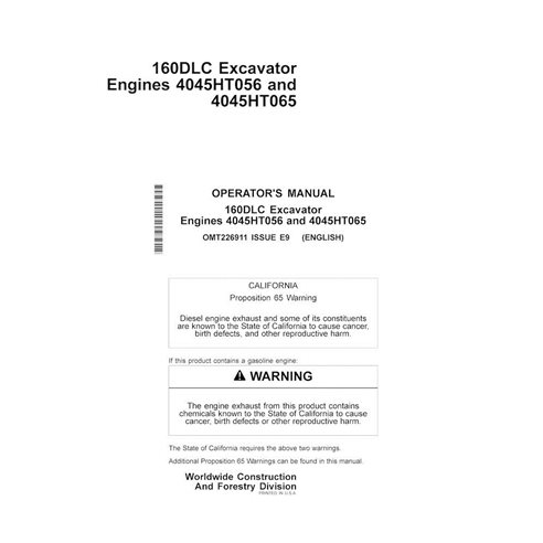 Manual do operador em pdf da escavadeira John Deere 160DLC - John Deere manuais - JD-OMT226911-EN
