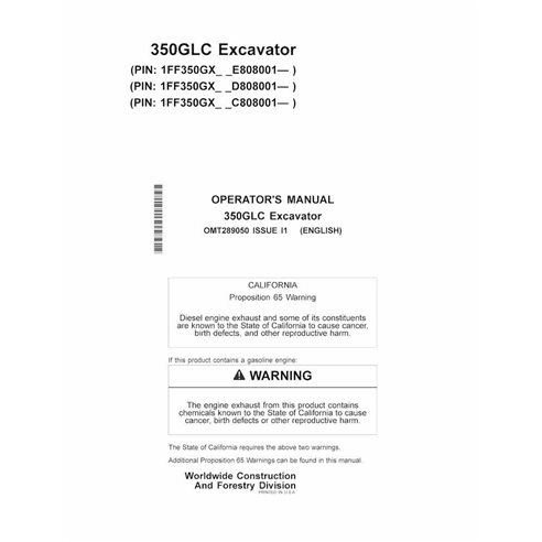 Manual del operador de la excavadora John Deere 350GLC en pdf. - John Deere manuales - JD-OMT289050-EN