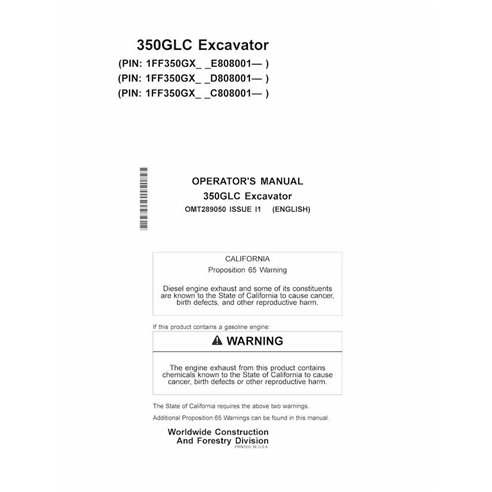JD-OMT289050 John Deere 350GLC excavator operator's manual (OMT289050)