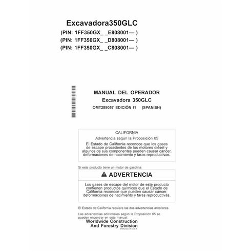 Manual do operador em pdf da escavadeira John Deere 350GLC ES - John Deere manuais - JD-OMT289057-ES