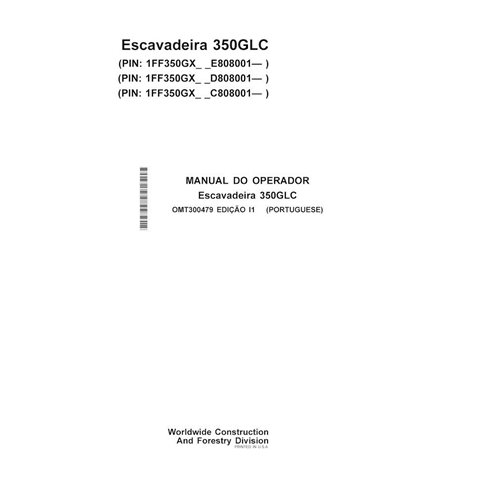Manuel de l'opérateur pdf de la pelle John Deere 350GLC PT - John Deere manuels - JD-OMT300479-PT