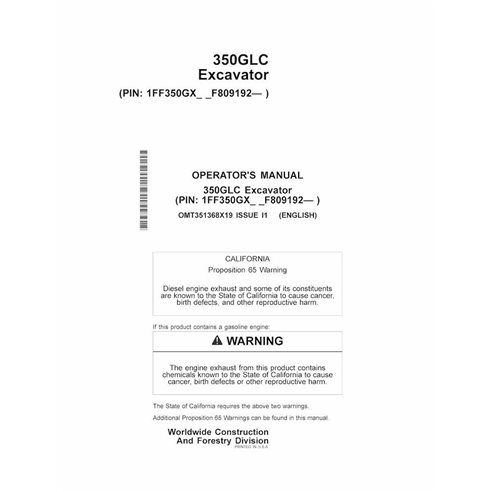 Manual do operador em pdf da escavadeira John Deere 350GLC - John Deere manuais - JD-OMT351368X19-EN