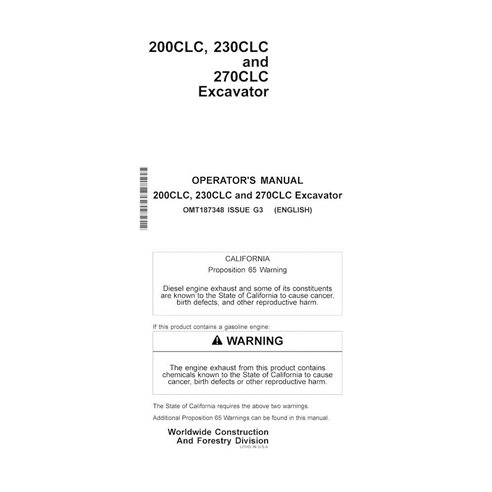 Manual do operador em pdf da escavadeira John Deere 200CLC, 230CLC, 270CLC - John Deere manuais - JD-OMT187348-EN