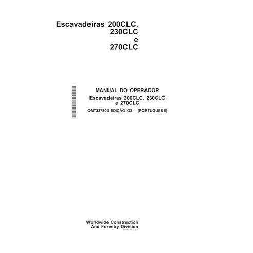 John Deere 200CLC, 230CLC, 270CLC excavadora pdf manual del operador PT - John Deere manuales - JD-OMT227804-PT