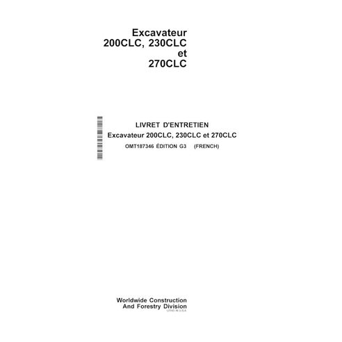 John Deere 200CLC, 230CLC, 270CLC manual del operador de la excavadora pdf FR - John Deere manuales - JD-OMT187346-FR