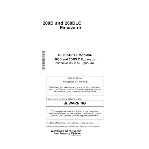 Manual do operador em pdf da escavadeira John Deere 200D, 200DLC - John Deere manuais - JD-OMT226908-EN