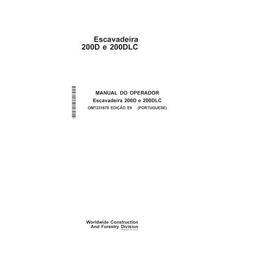 Manuel de l'opérateur pdf pour pelle John Deere 200D, 200DLC PT - John Deere manuels - JD-OMT231670-PT