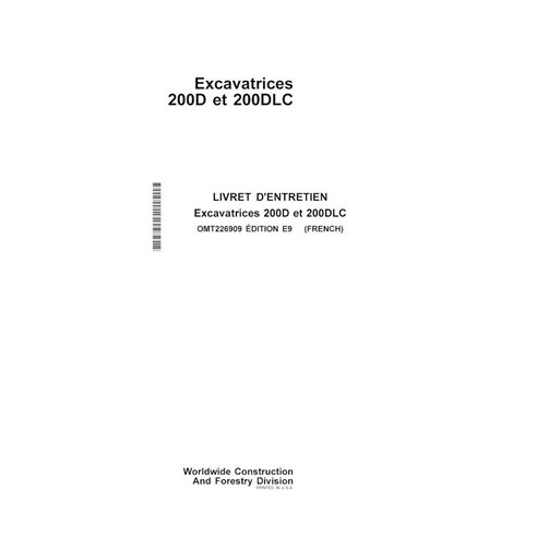 Manual do operador em pdf da escavadeira John Deere 200D, 200DLC PT - John Deere manuais - JD-OMT226909-FR