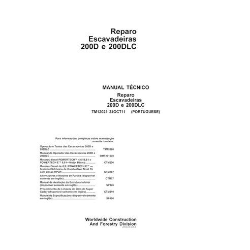 Manual técnico de reparo em pdf da escavadeira John Deere 200D, 200DLC PT - John Deere manuais - JD-TM12021-PT