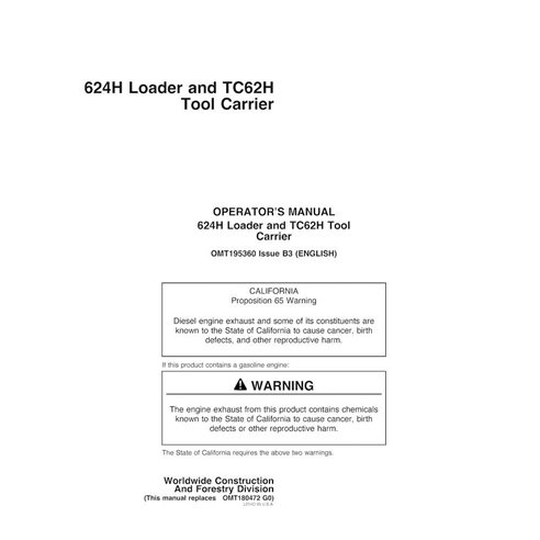 Porta-ferramentas John Deere TC62H, carregadeira 624H manual do operador em pdf - John Deere manuais - JD-OMT195360-EN