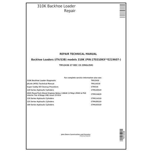 Manuel technique de réparation pdf de la chargeuse-pelleteuse John Deere 310K - John Deere manuels - JD-TM12436-EN