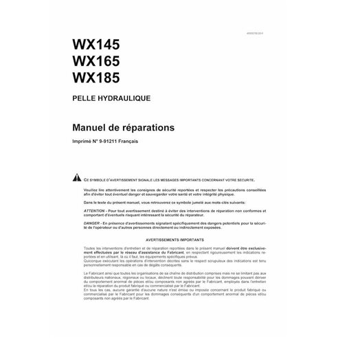 Manuel d'entretien pdf pour pelle sur pneus Case WX145, WX165, WX185 FR - Case manuels - CASE-9-91211-SM-FR