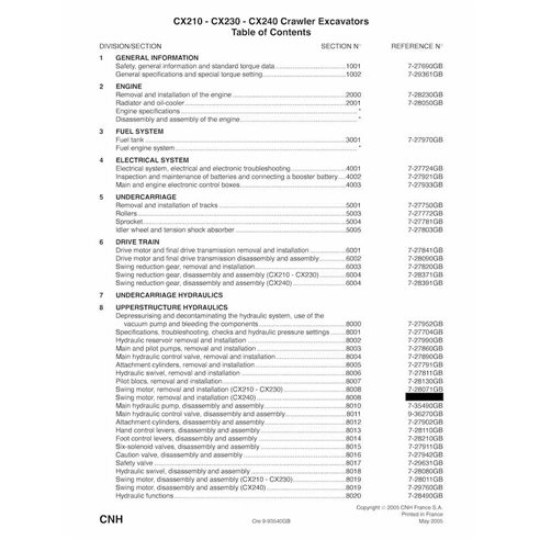Manual de serviço em pdf da escavadeira Case CX210, CX230, CX240 - Case manuais - CASE-9-93610-SM-EN