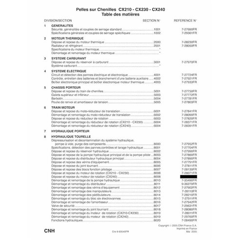 Case CX210, CX230, CX240 excavadora pdf manual de servicio FR - Case manuales - CASE-9-93360-SM-FR