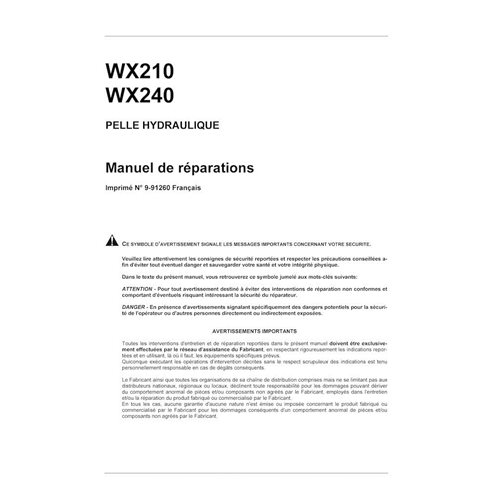Manuel d'entretien pdf pour pelle sur pneus Case WX210, WX240 FR - Case manuels - CASE-9-91260-SM-FR